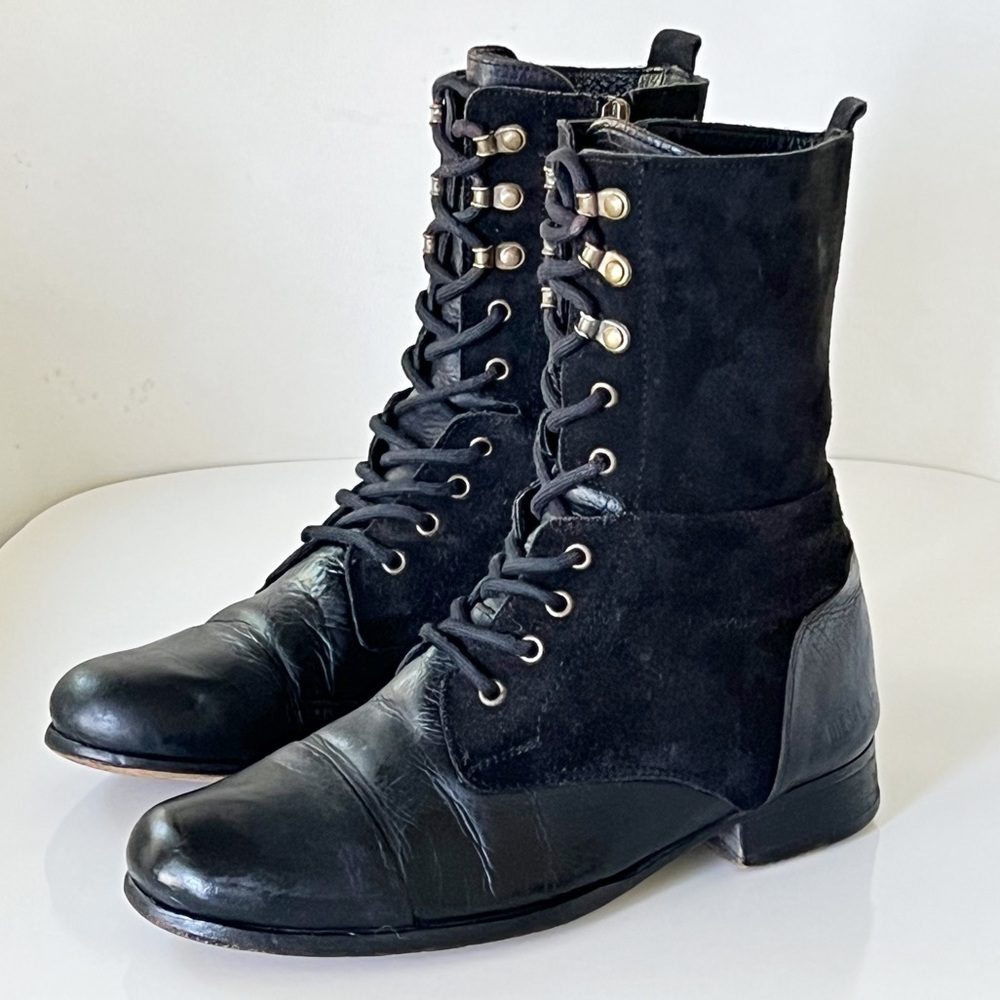Diesel Black Suede Lace Up Side Zip Combat Moto Boots Size 7.5